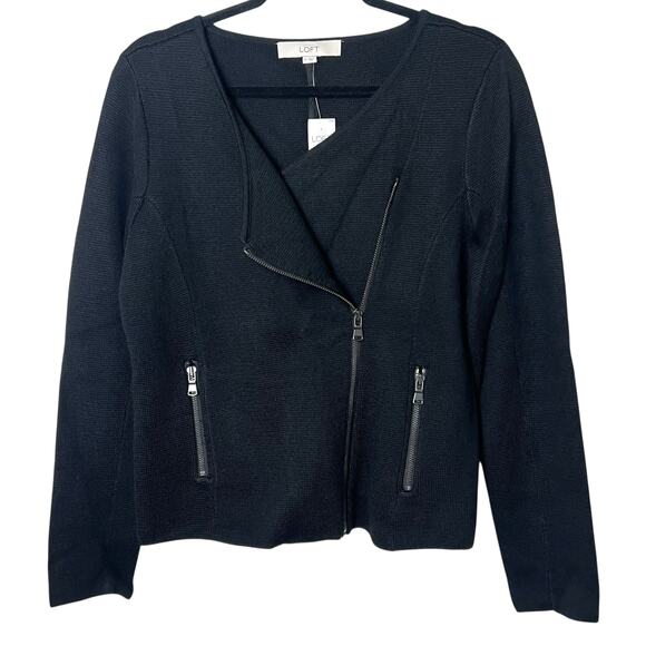 LOFT Black Wool Blend Moto Sweater Jacket Asymmetrical Zip Cardigan Workwear - Picture 2 of 11
